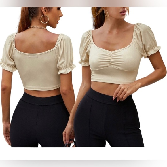 SHEIN Crop Tee Puff Sleeve Ruched Textured Size 6 Medium - Picture 1 of 8